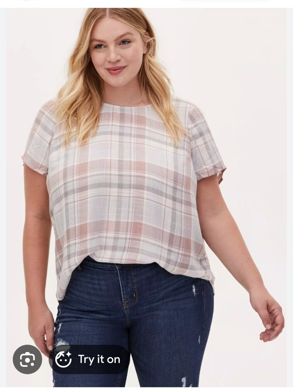 torrid Light Pink and White Plaid Short Sleeve Top